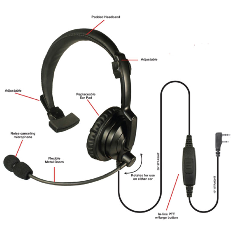 Pryme HLP-SNL-01 Lightweight Padded Headset, Boom Mic - Kenwood 2-Pin