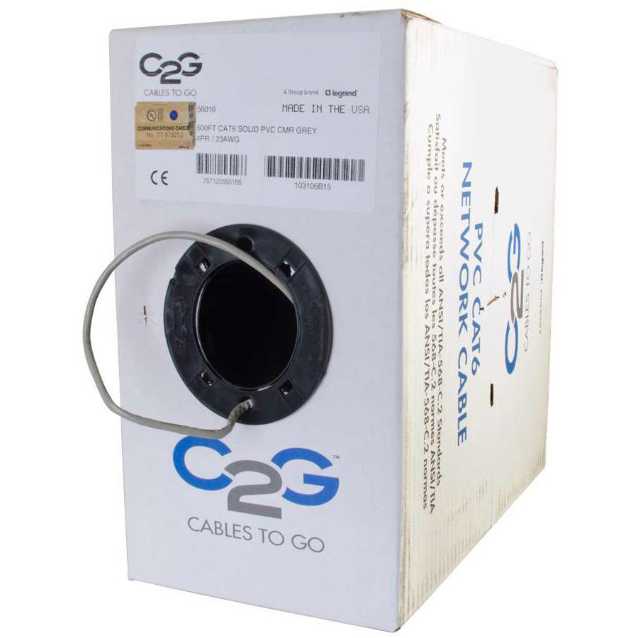 C2G 56016 Cat6 Cable Bulk Solid Riser CMR Gray TAA - 500 ft